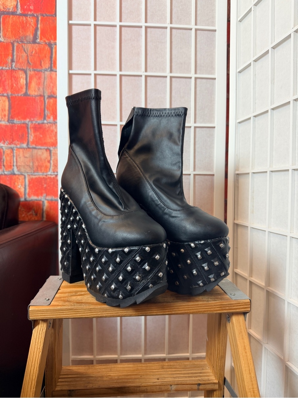 Demonia Black Studded Platform Heeled Boots